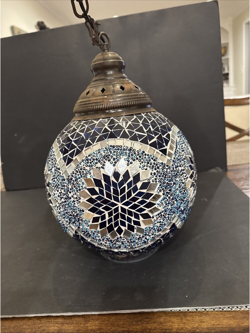Turkish Blue Mosaic Pendant Lamp Handmade Glass Ceiling Light Boho Decor 15” H